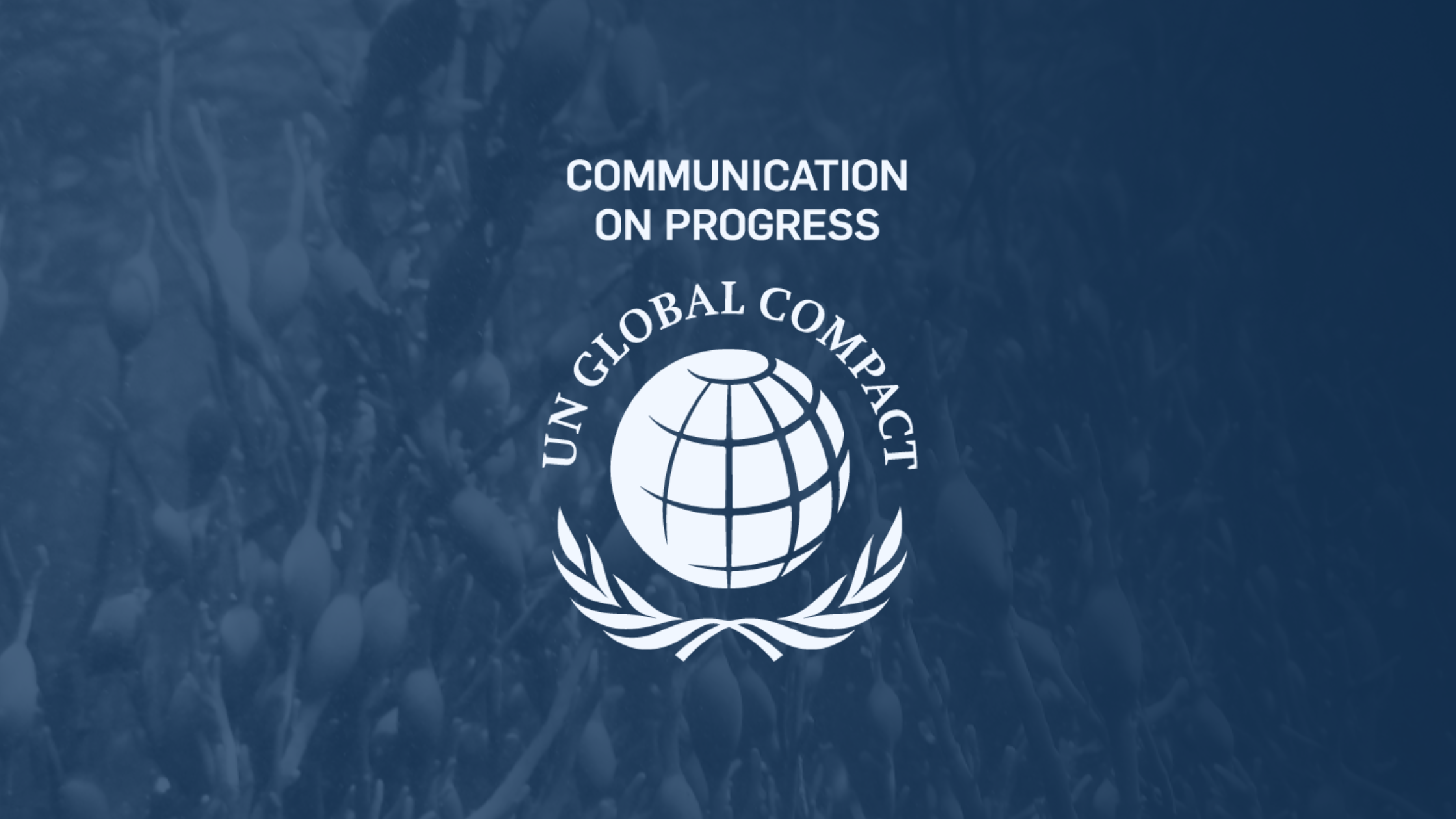 Blue seaweed textured background with UN Global Compact Communication on Progress logo.