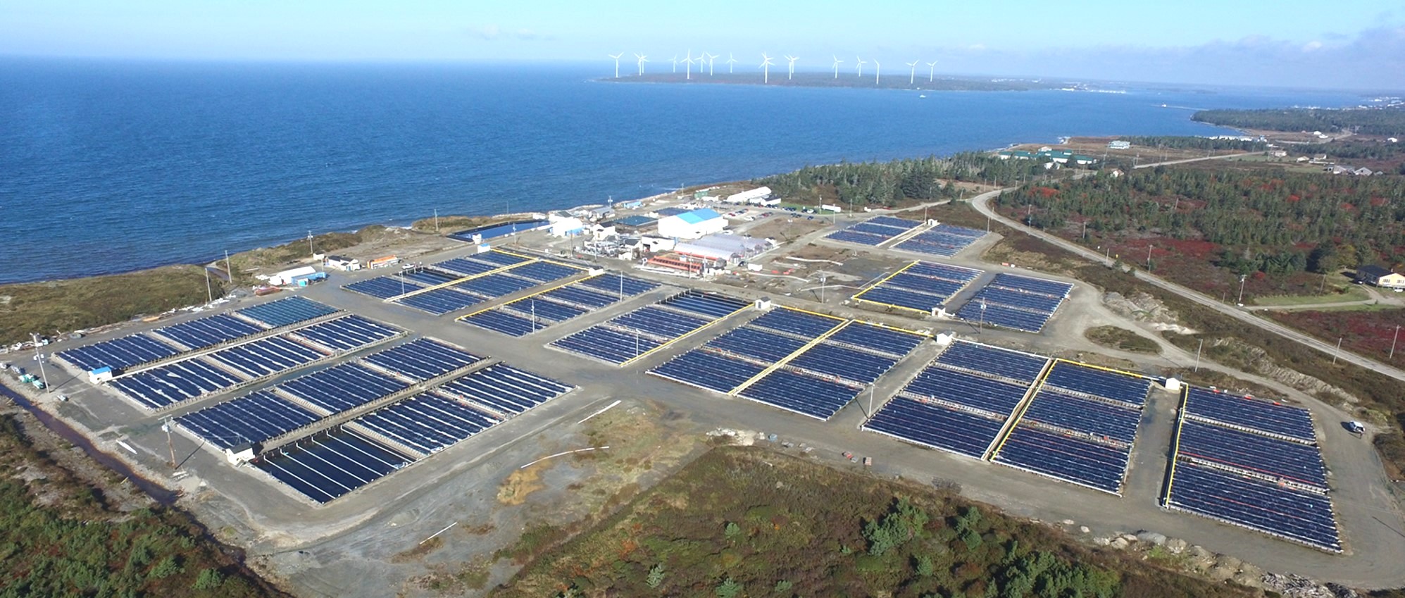 Drone shot showing an overhead view of the Acadian cultivated seaweed facility in Charlesville, Nova Scotia.